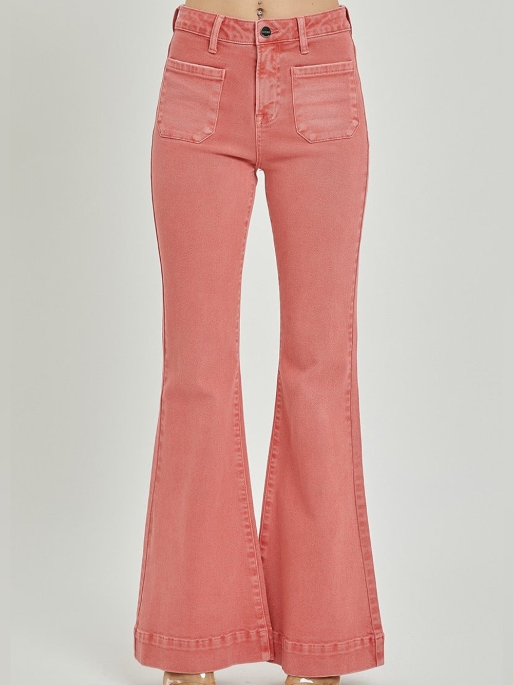 Risen High Rise Patch Pocket Bell Bottom Jeans Peach Blossom Size 26 NWT